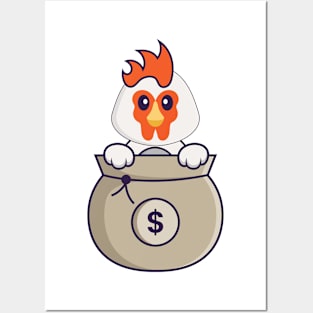 Cute chicken playing in money bag. Posters and Art